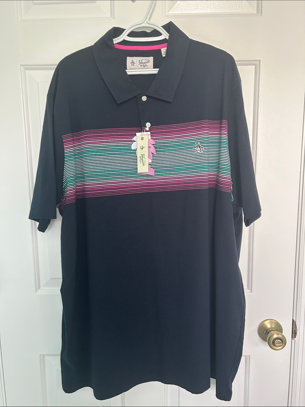Original Penguin Dark Blue Polo with Pink and Teal Stripes